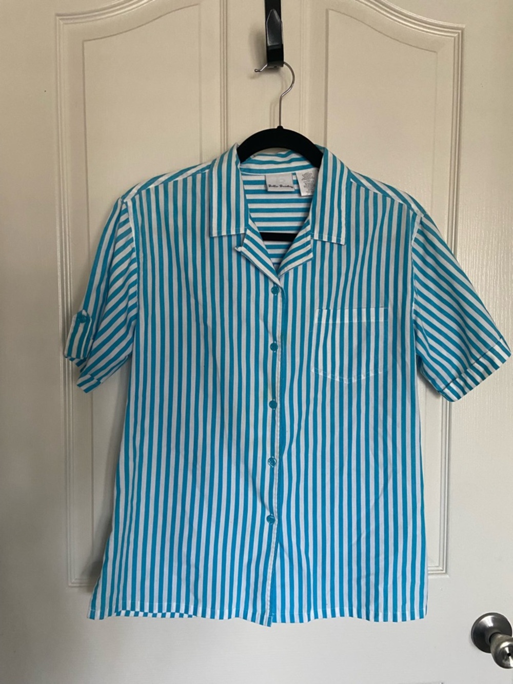 Bobbie Brooks Turquoise & White Vertical Stripe Camp Shirt